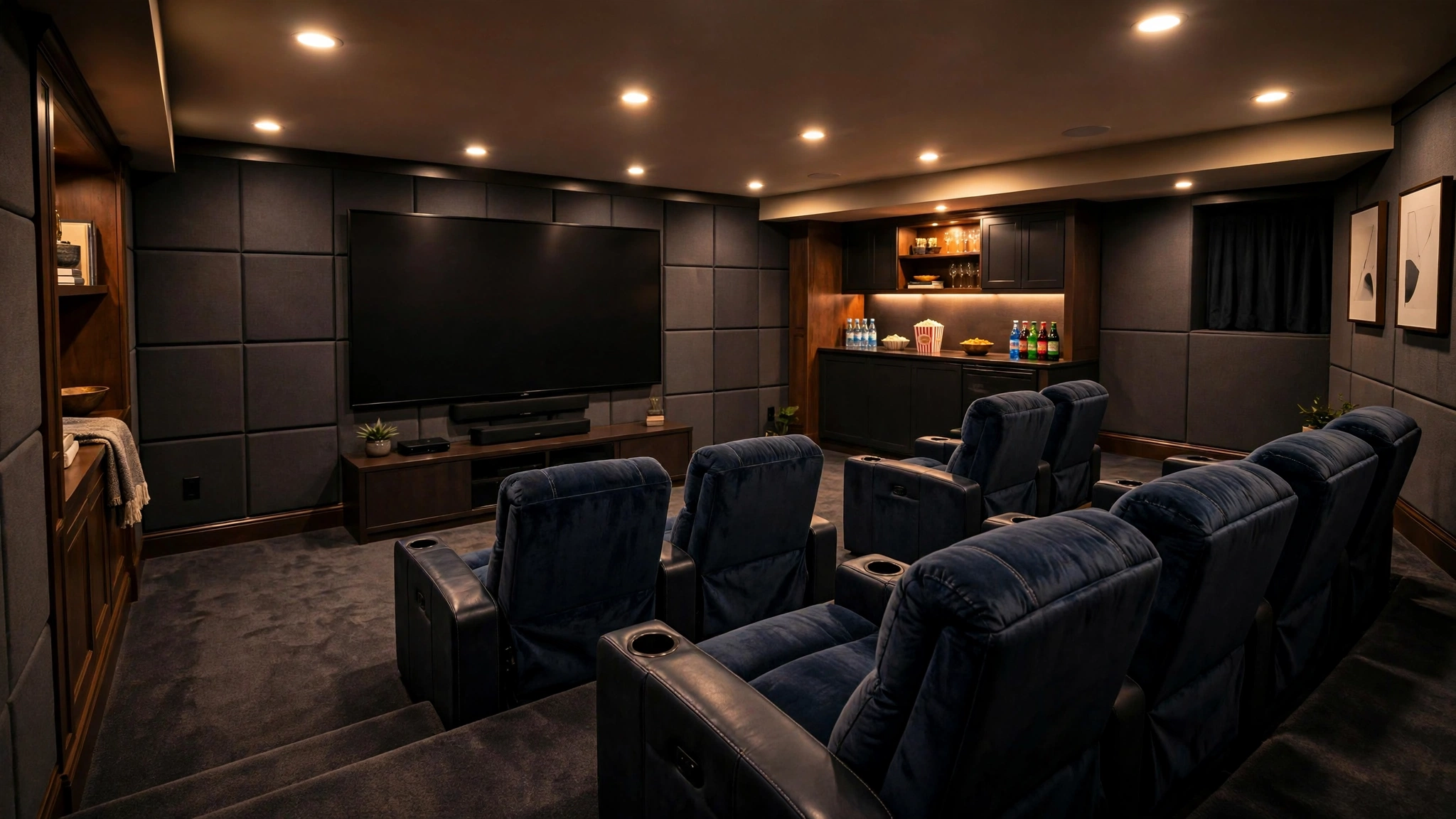 Basement media room with recessed lighting in Pittsburgh PA