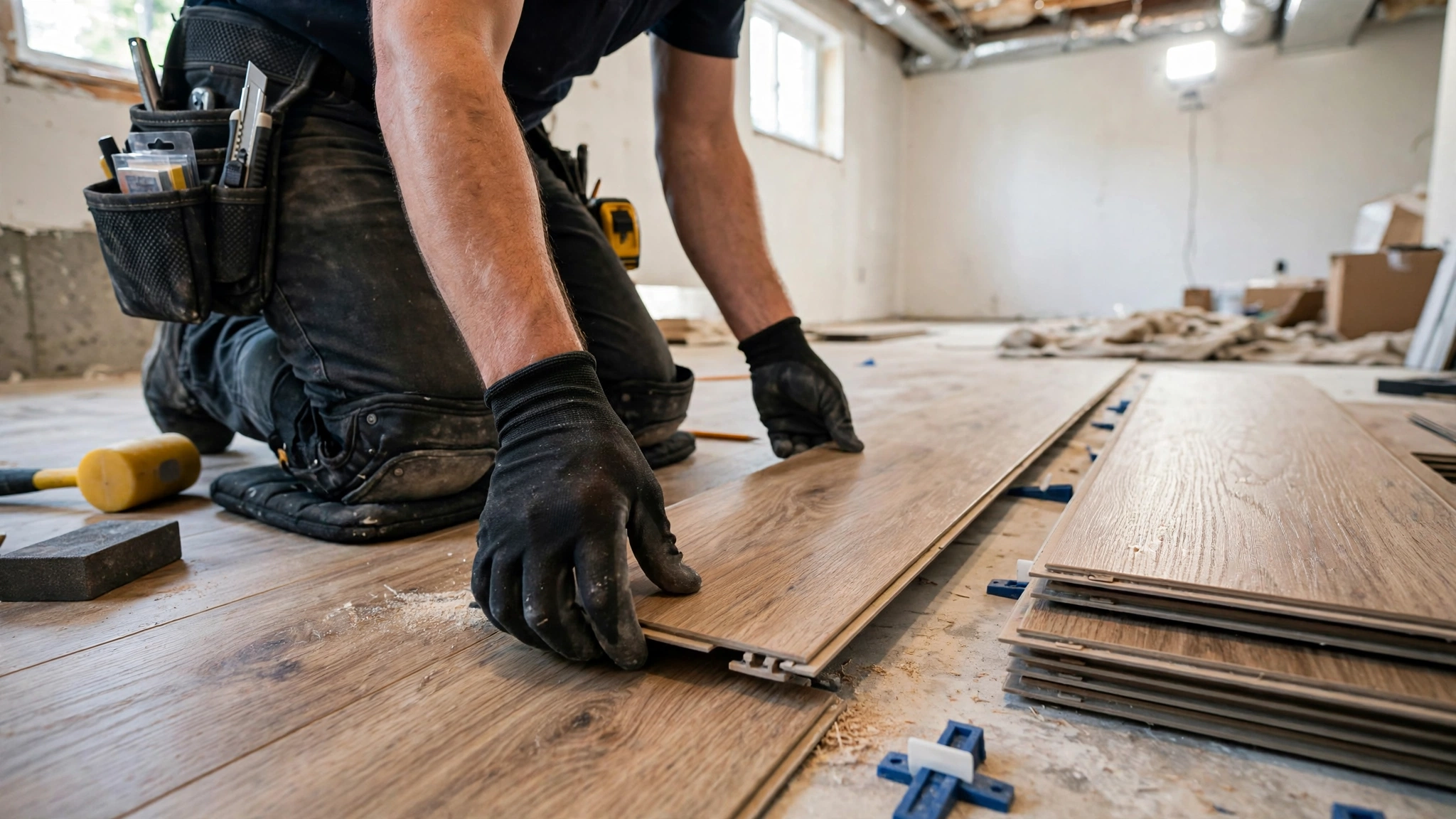 Luxury vinyl plank flooring installation in a Pittsburgh basement