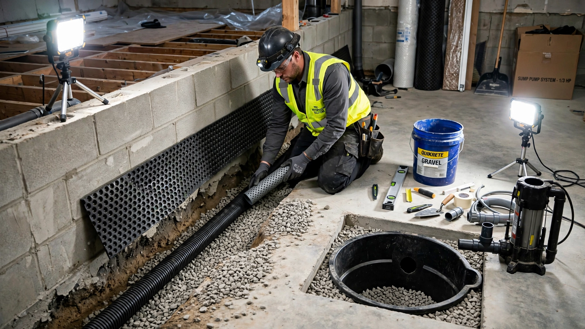Basement waterproofing system installation in Pittsburgh PA